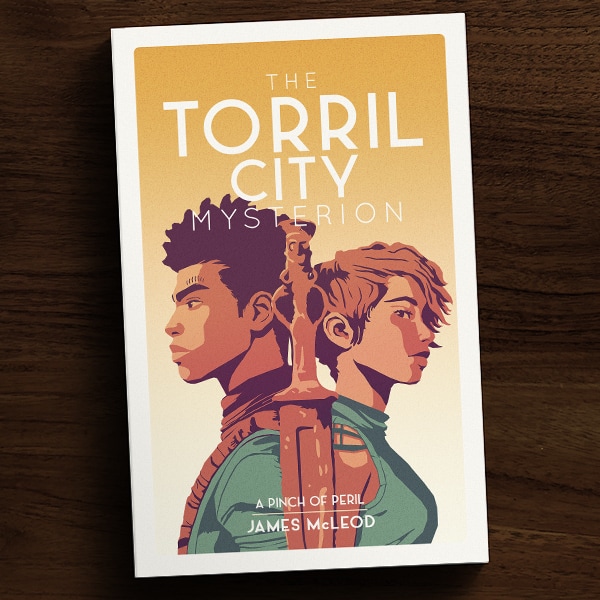 CLICK TO DOWNLOAD. A preview of The Torril City Mysterion's illustrated cover, featuring the two series protagonists separated by an exotic-looking blade.